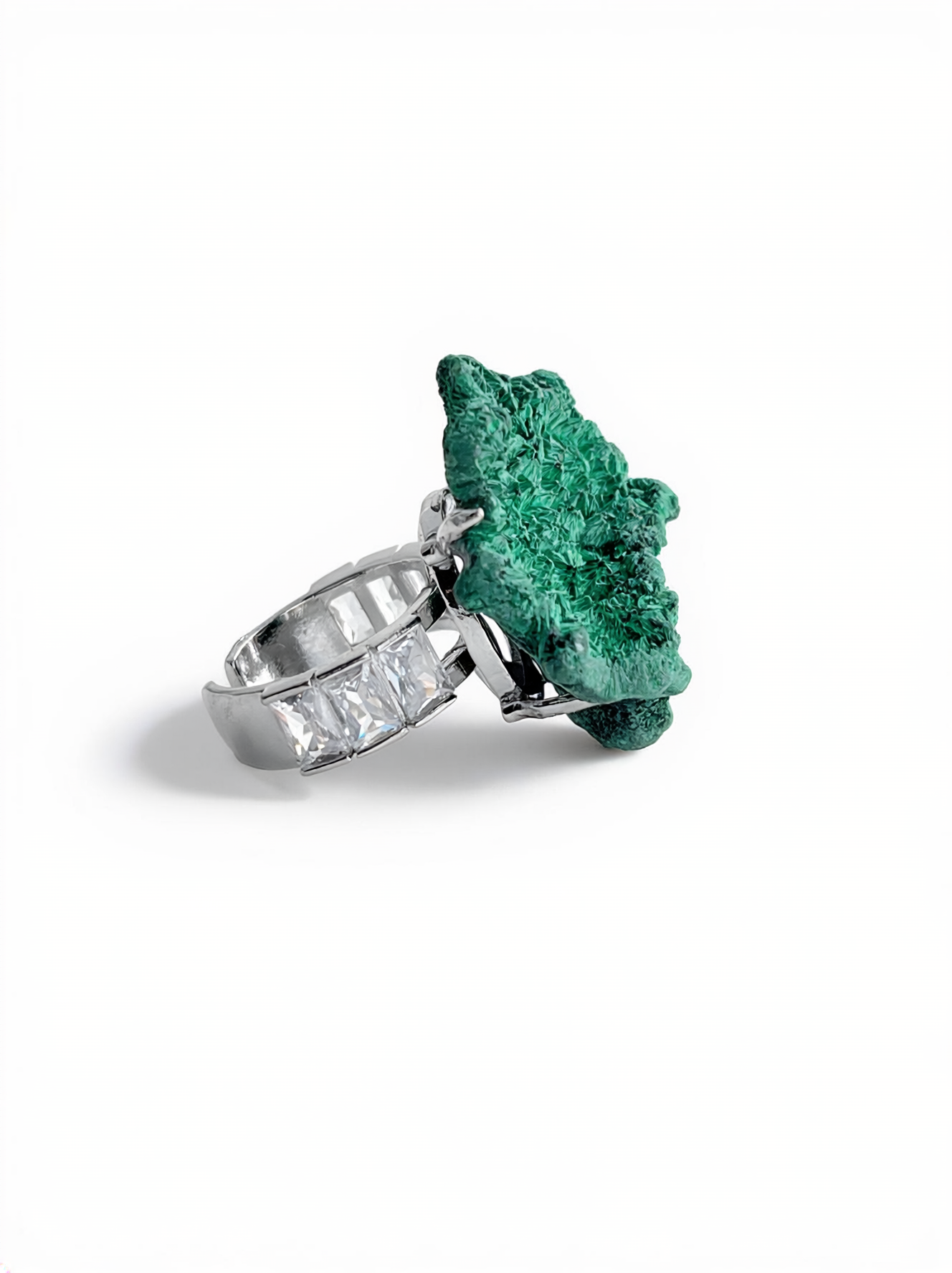 Fibrous Malachite mineral specimen ring side view