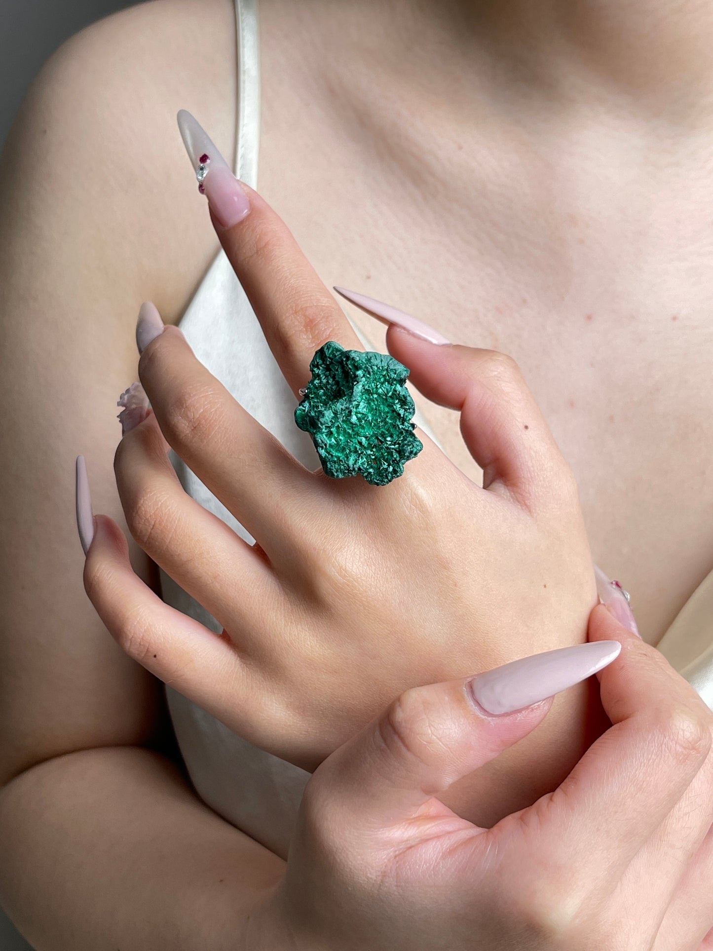 Fibrous Malachite mineral specimen ring worn on hand