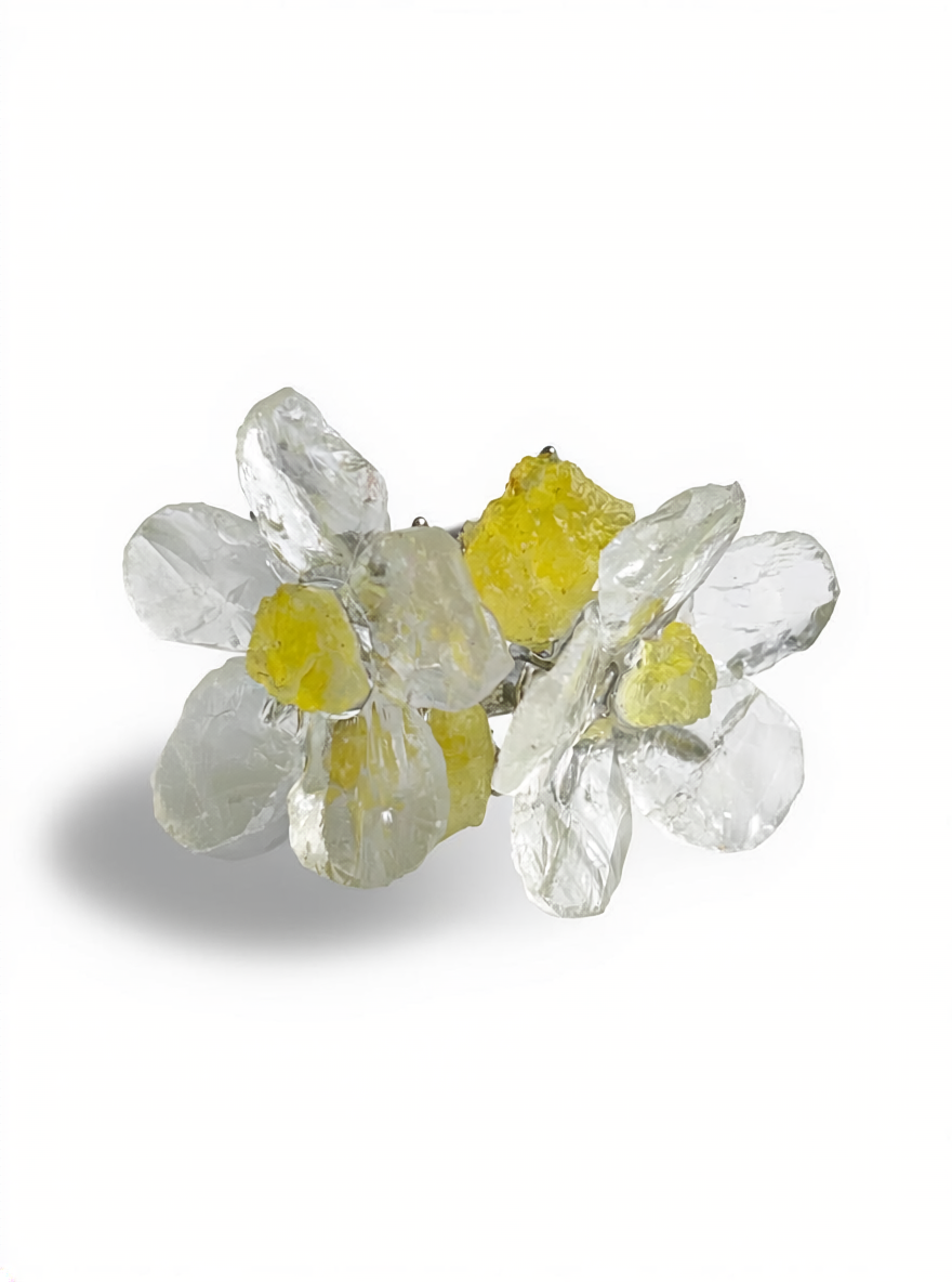 Four-stone quartz and brucite flower ring front view in silver tone