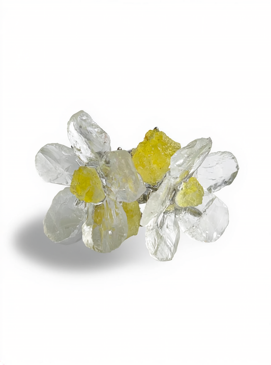Four-stone quartz and brucite flower ring front view in silver tone