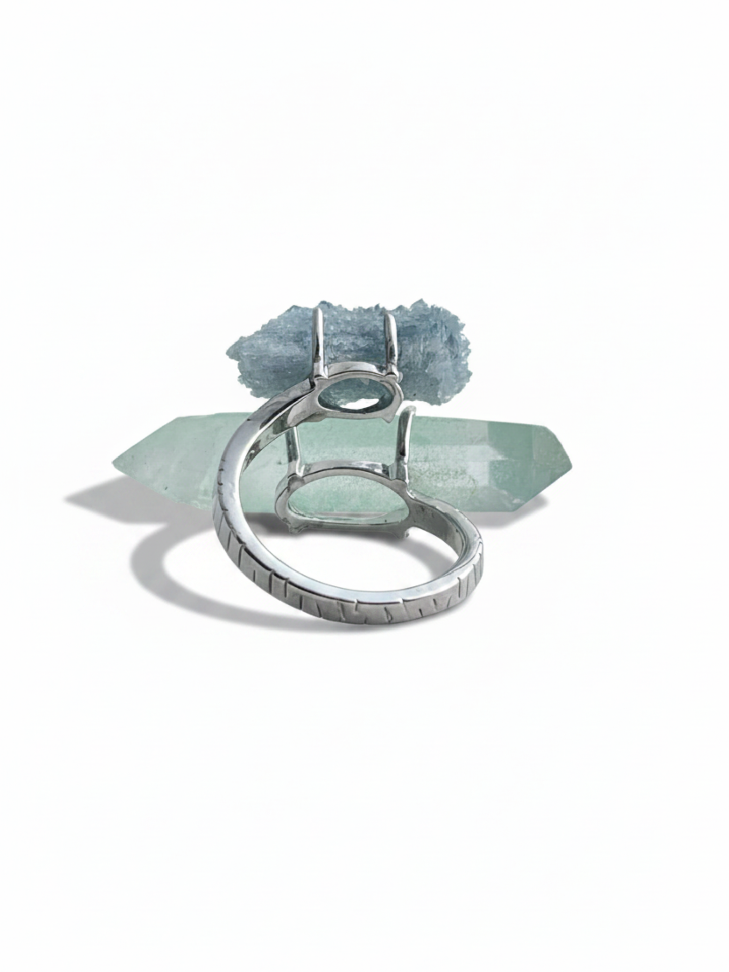Back view of Fuchsite Phantom Quartz and Blue Sapphire adjustable ring