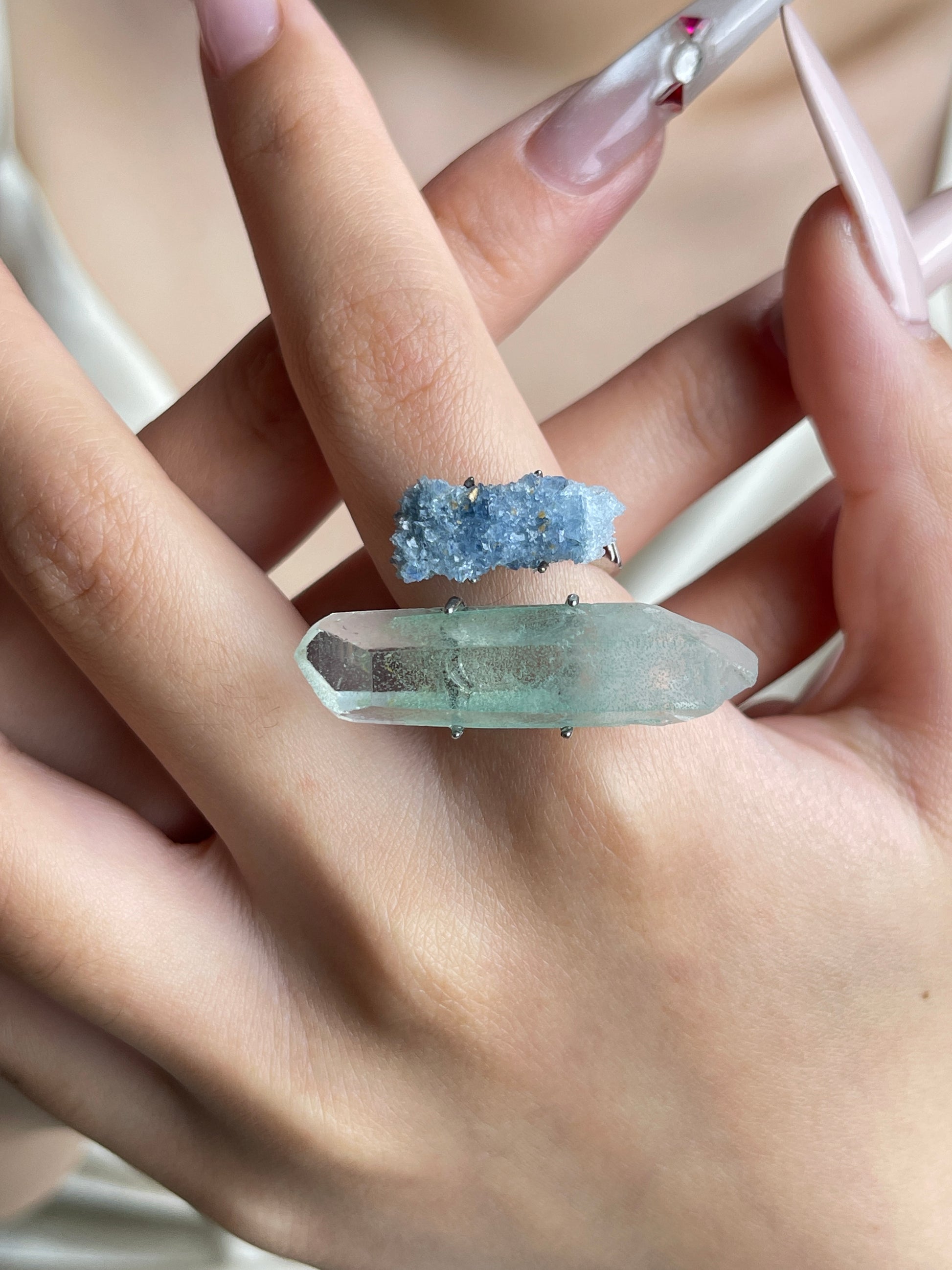Fuchsite Phantom Quartz and Blue Sapphire mineral specimen ring on hand