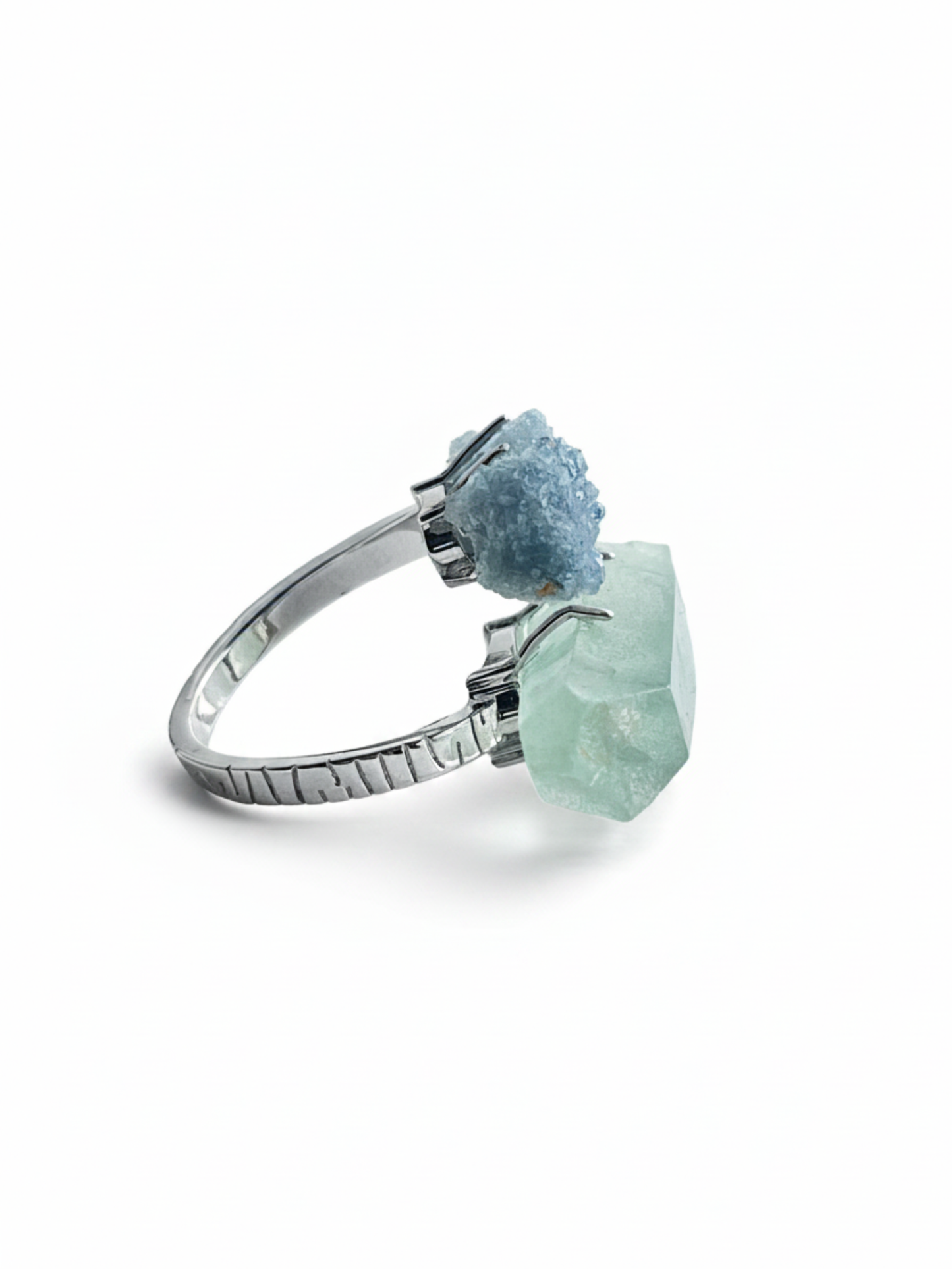 Side view of raw Fuchsite Phantom Quartz and Blue Sapphire ring