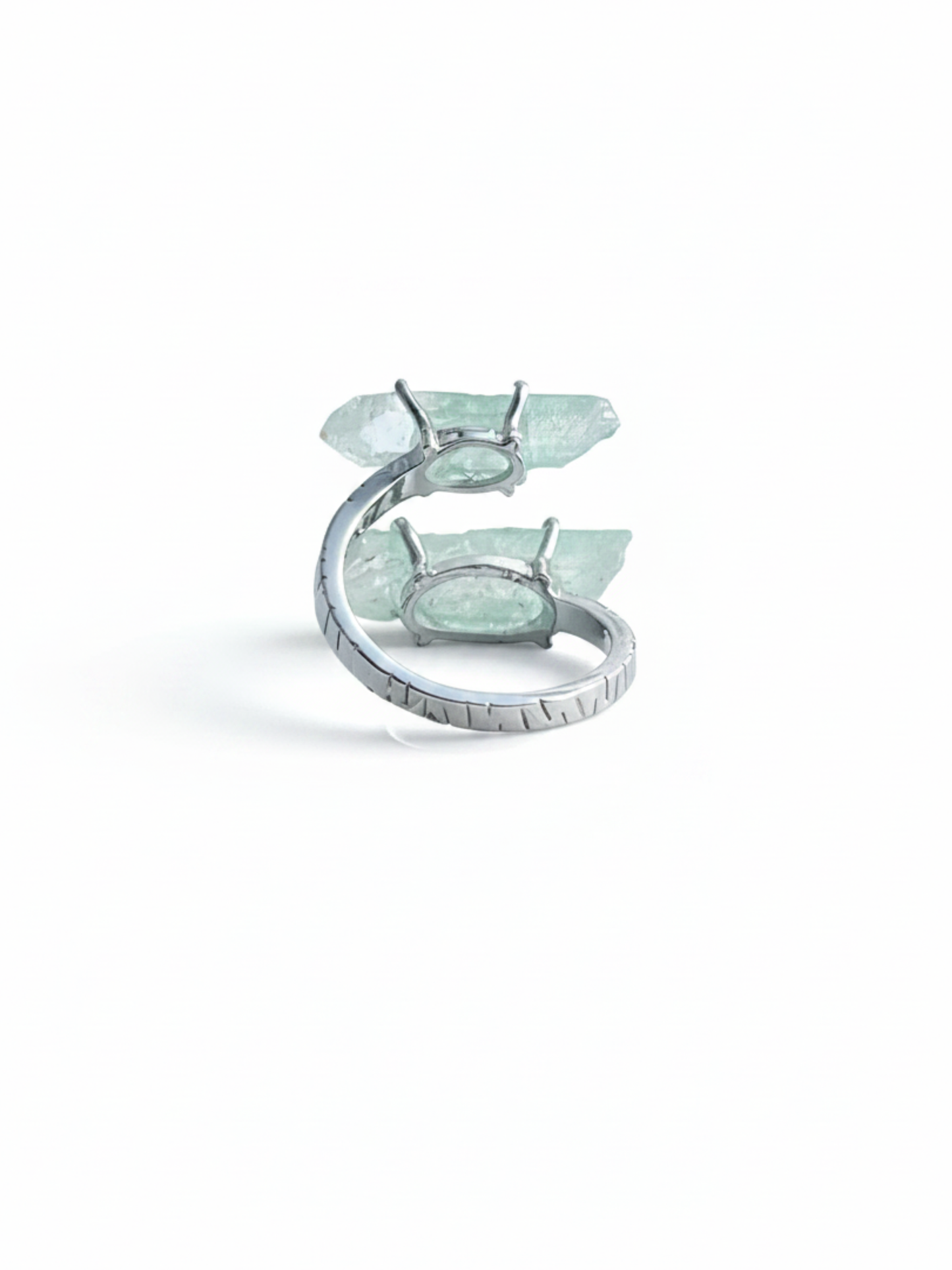 Back view of adjustable Fuchsite Phantom Quartz ring