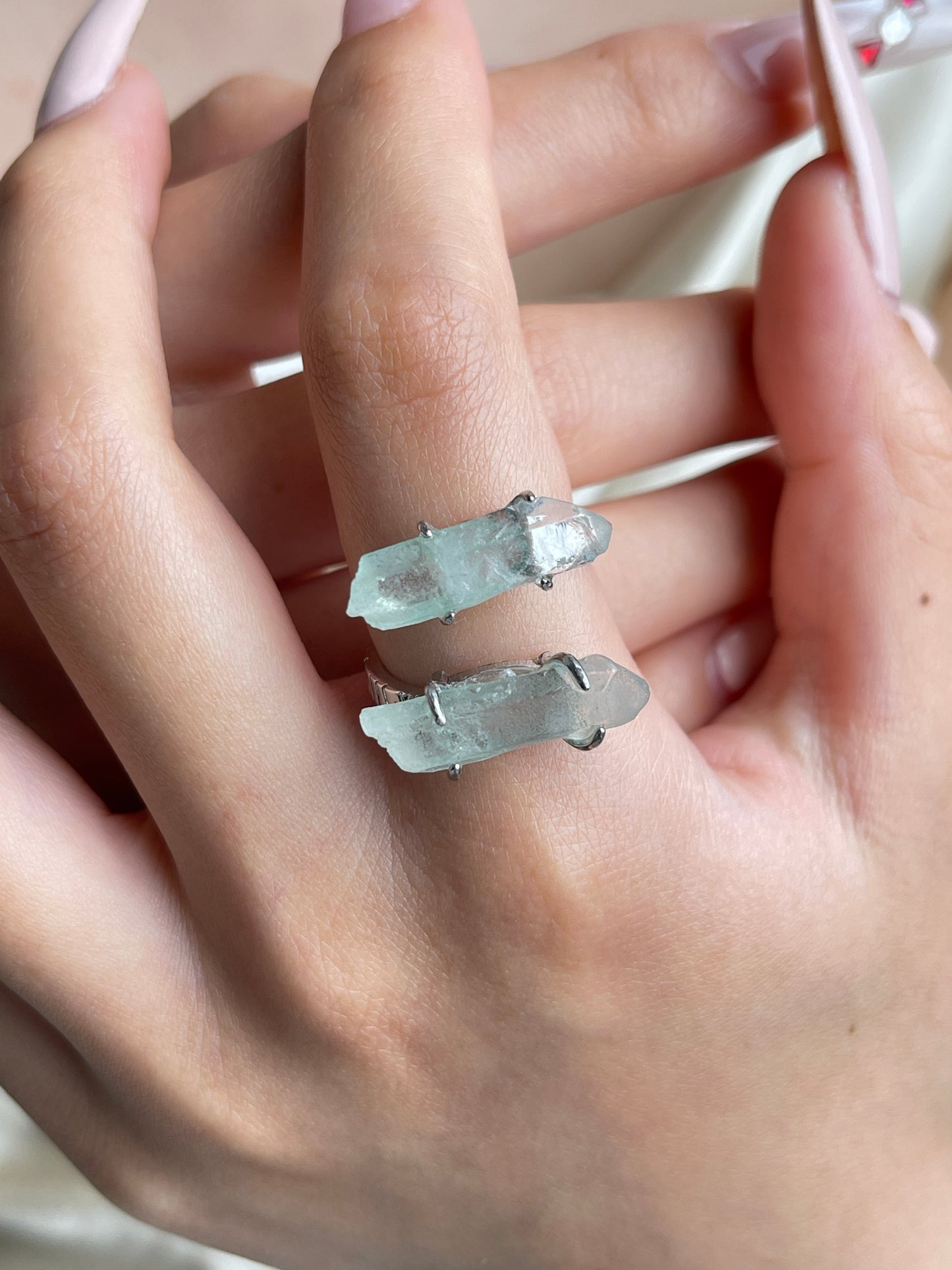 Fuchsite Phantom Quartz double point ring worn on hand