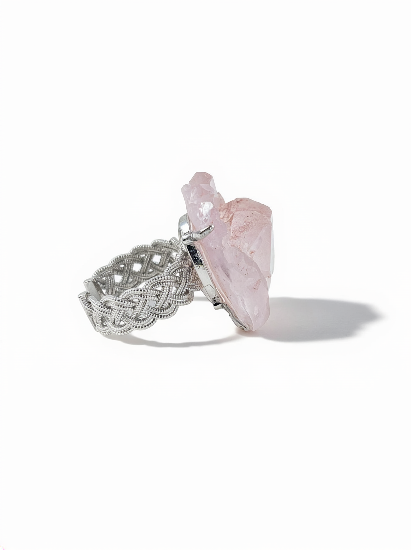Side view of Garden Quartz with Pink Inclusions Ring with palladium plated band