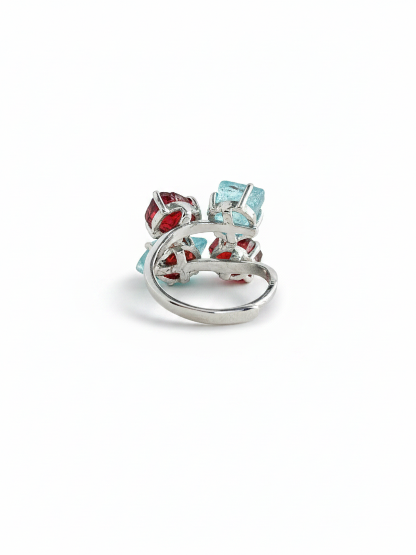 Back view of Raw Garnet and Blue Apatite ring with palladium plated setting