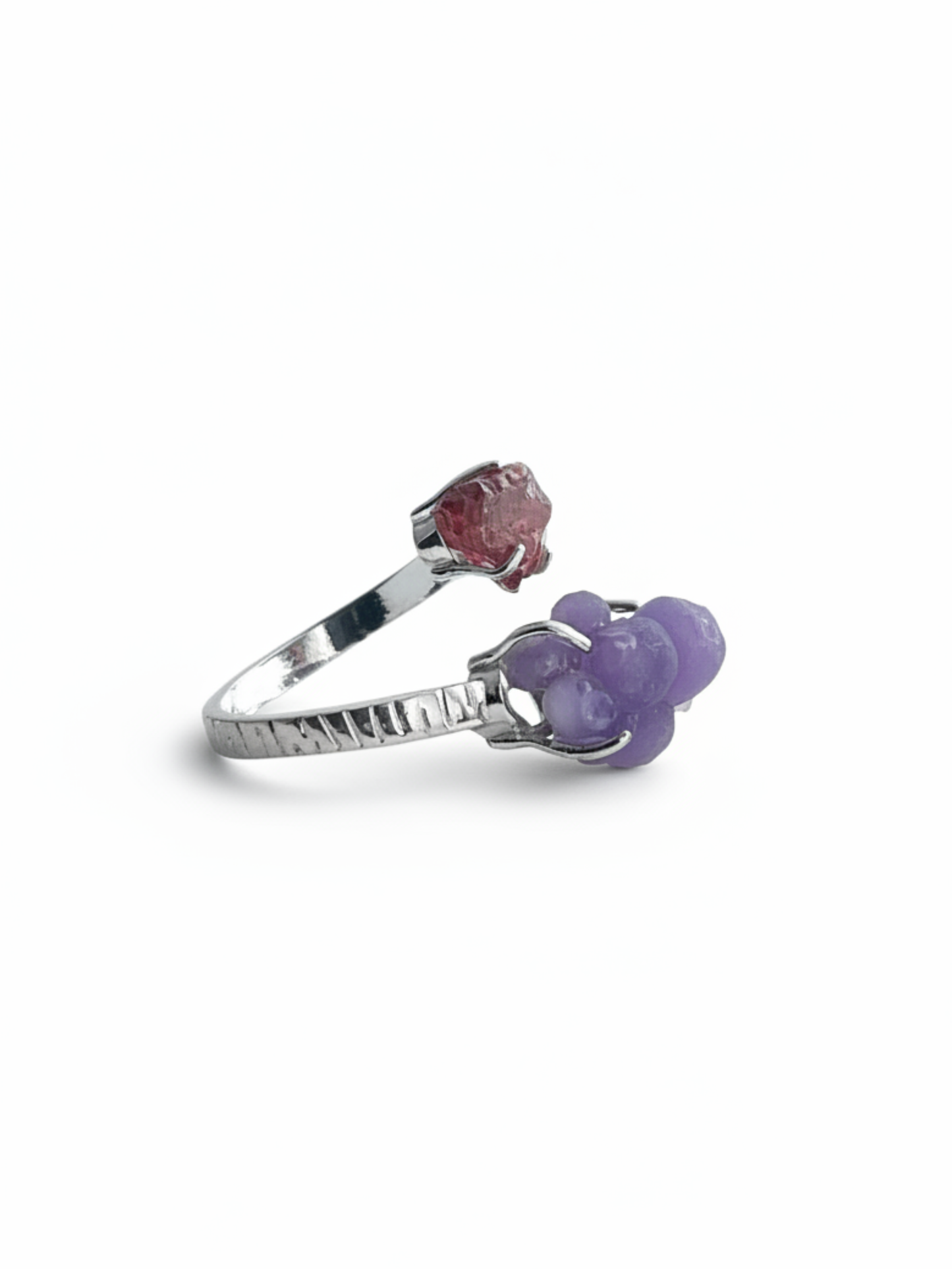 Side view of Garnet and Purple Grape Agate two stone ring with open band