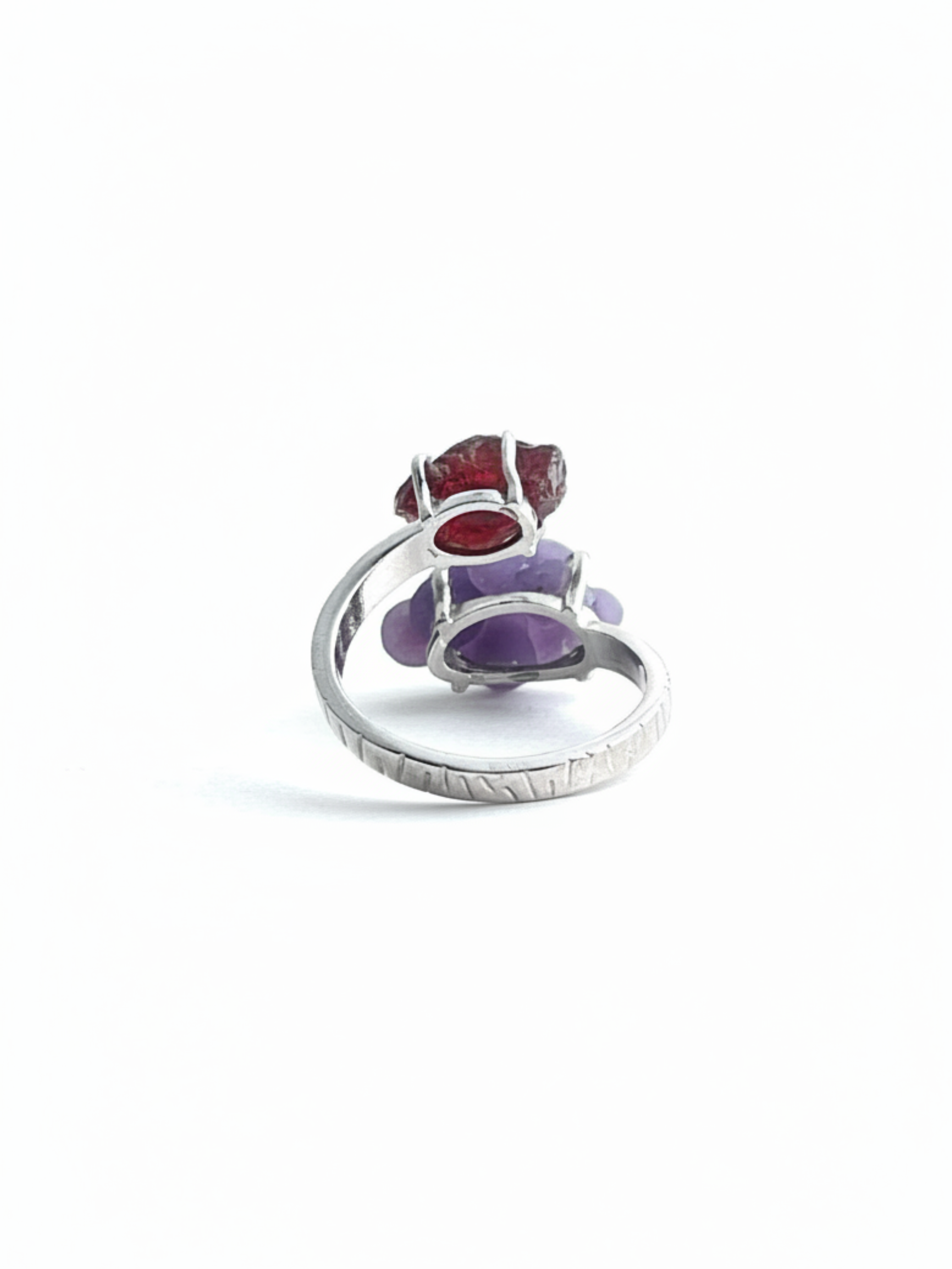 Back view of raw Garnet and Purple Grape Agate ring with adjustable open band