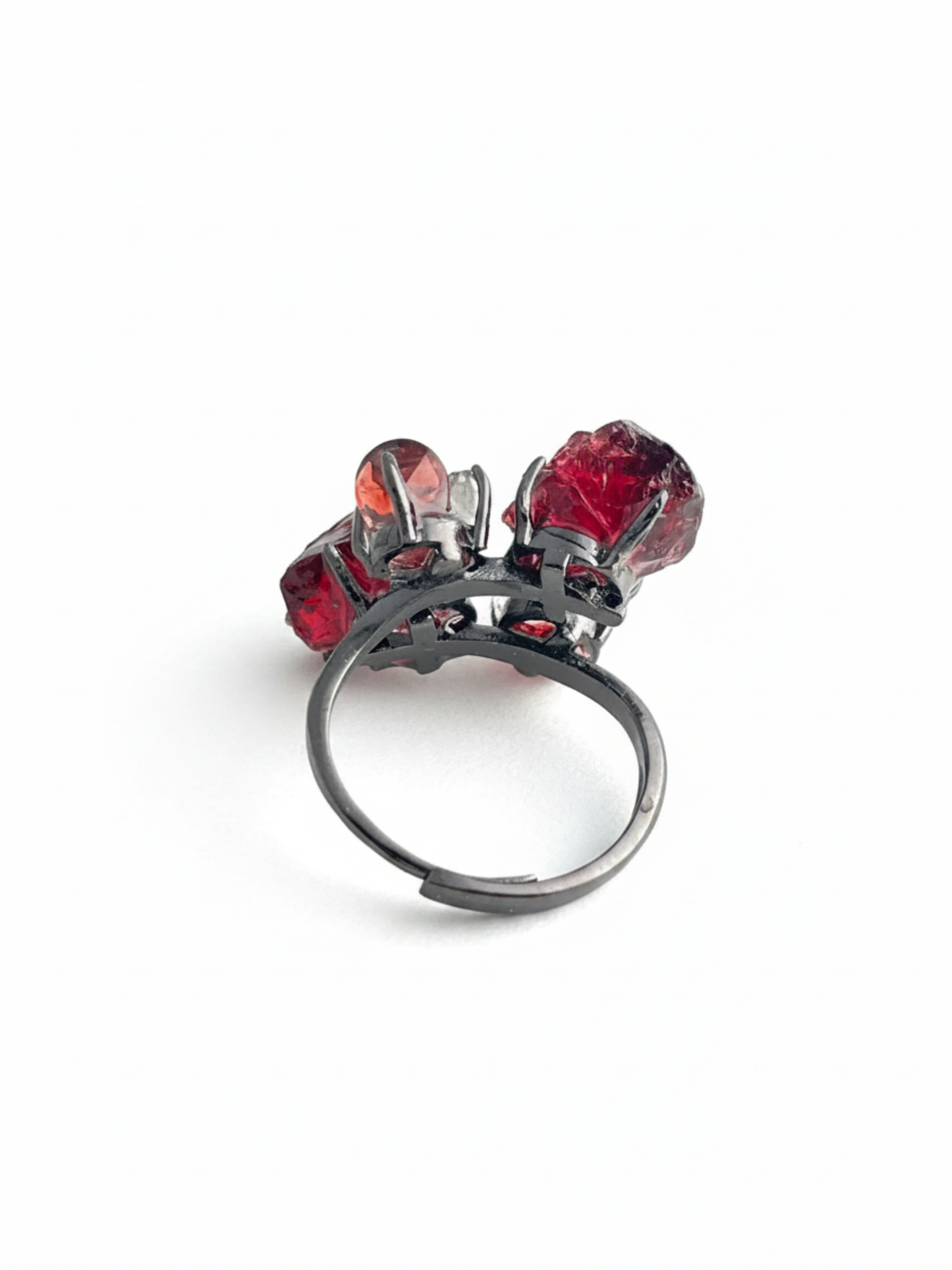 Back view of garnet ring adjustable band with raw garnet cut garnet and Hakima Diamond Quartz