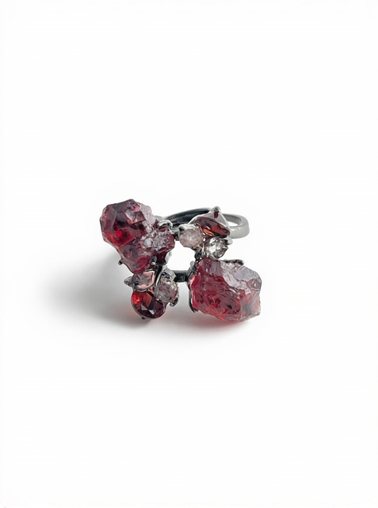 Garnet ring with raw garnet cut garnet and Hakima Diamond Quartz from Sri Lanka and Pakistan front view