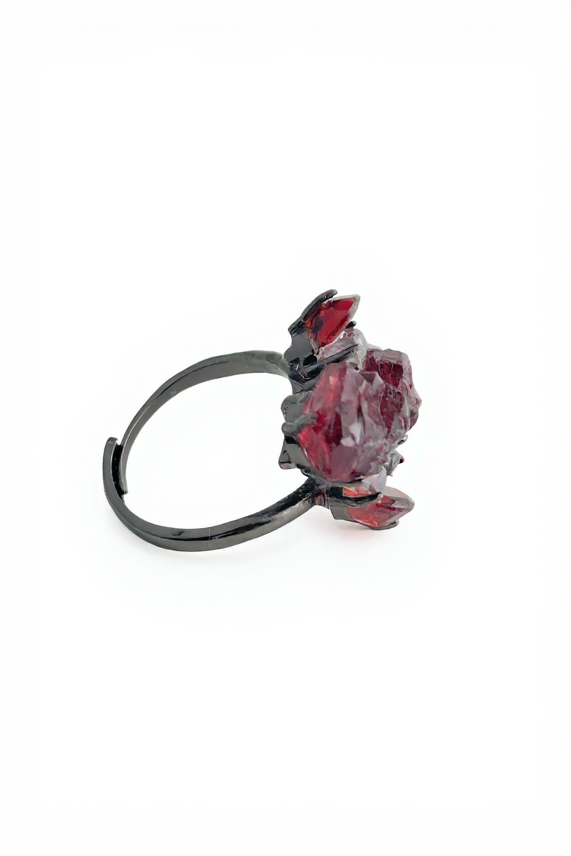 Side view of garnet ring with raw garnet cut garnet and Hakima Diamond Quartz natural crystal jewelry