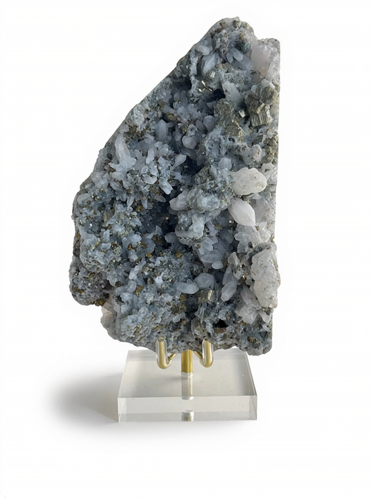 gray quartz with chalcopyrite mineral specimen showing dense crystal formation and metallic highlights front view