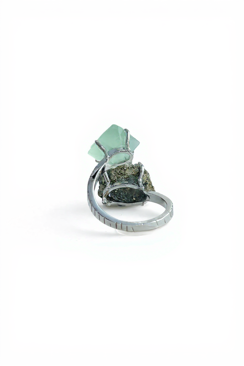 Back view of adjustable Green Octahedral Fluorite and Chalcopyrite ring