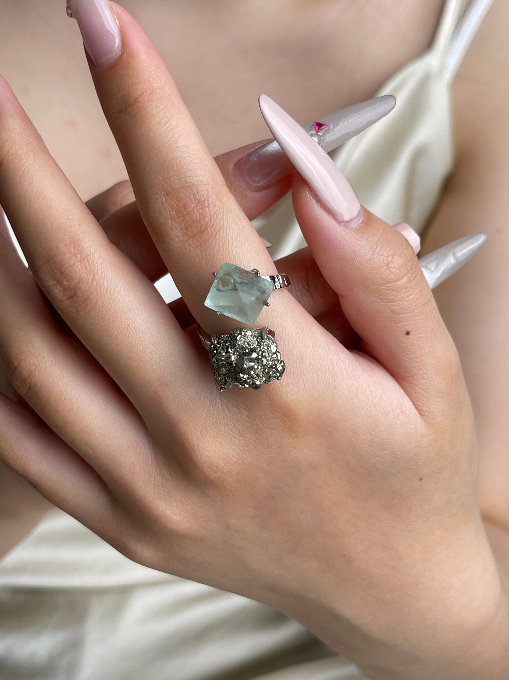 Green Octahedral Fluorite and Chalcopyrite ring worn on hand