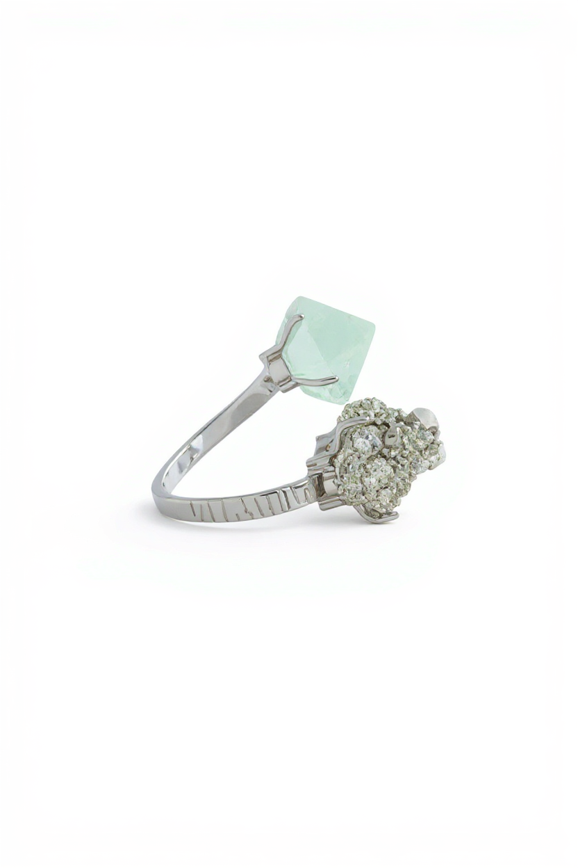 Side view of Green Octahedral Fluorite and Chalcopyrite open ring