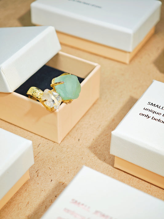 Raw Green Fluorite & Clear Quartz Gold Ring
