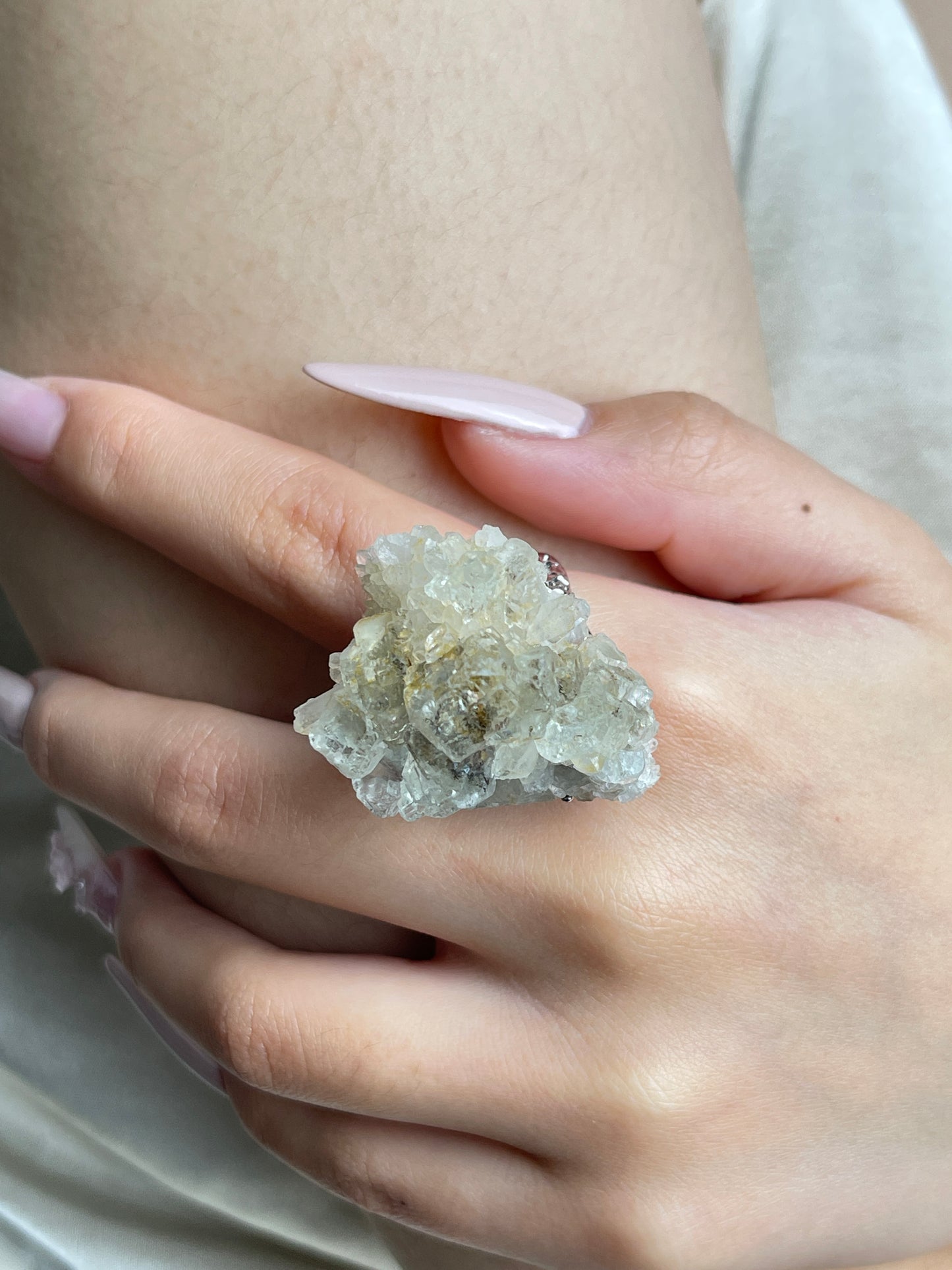 Close-up of Translucent Green Fluorite Crystal Cluster Ring worn on hand