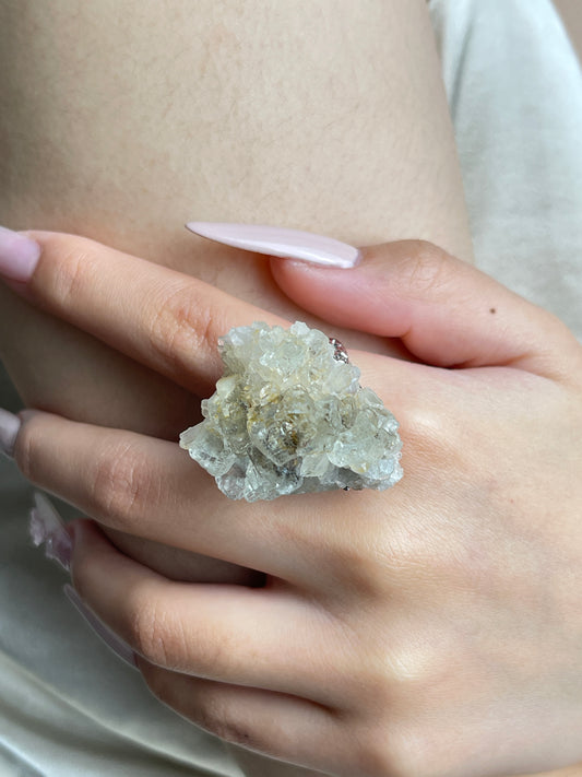 Close-up of Translucent Green Fluorite Crystal Cluster Ring worn on hand