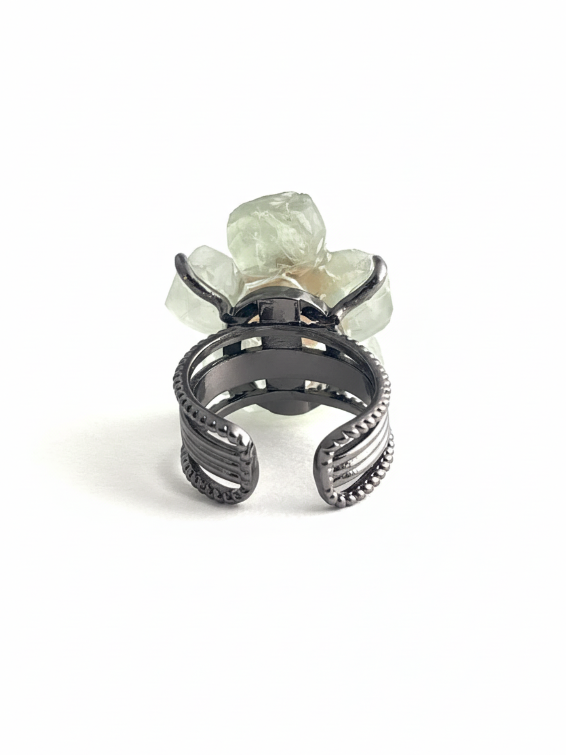 Green Fluorite Flower Ring with Desert Rose, back view