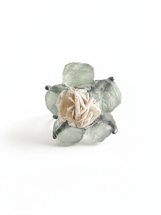 Green Fluorite Flower Ring with Desert Rose, front view