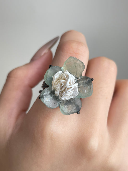 Close-up hand view of Green Fluorite Flower Ring with Desert Rose