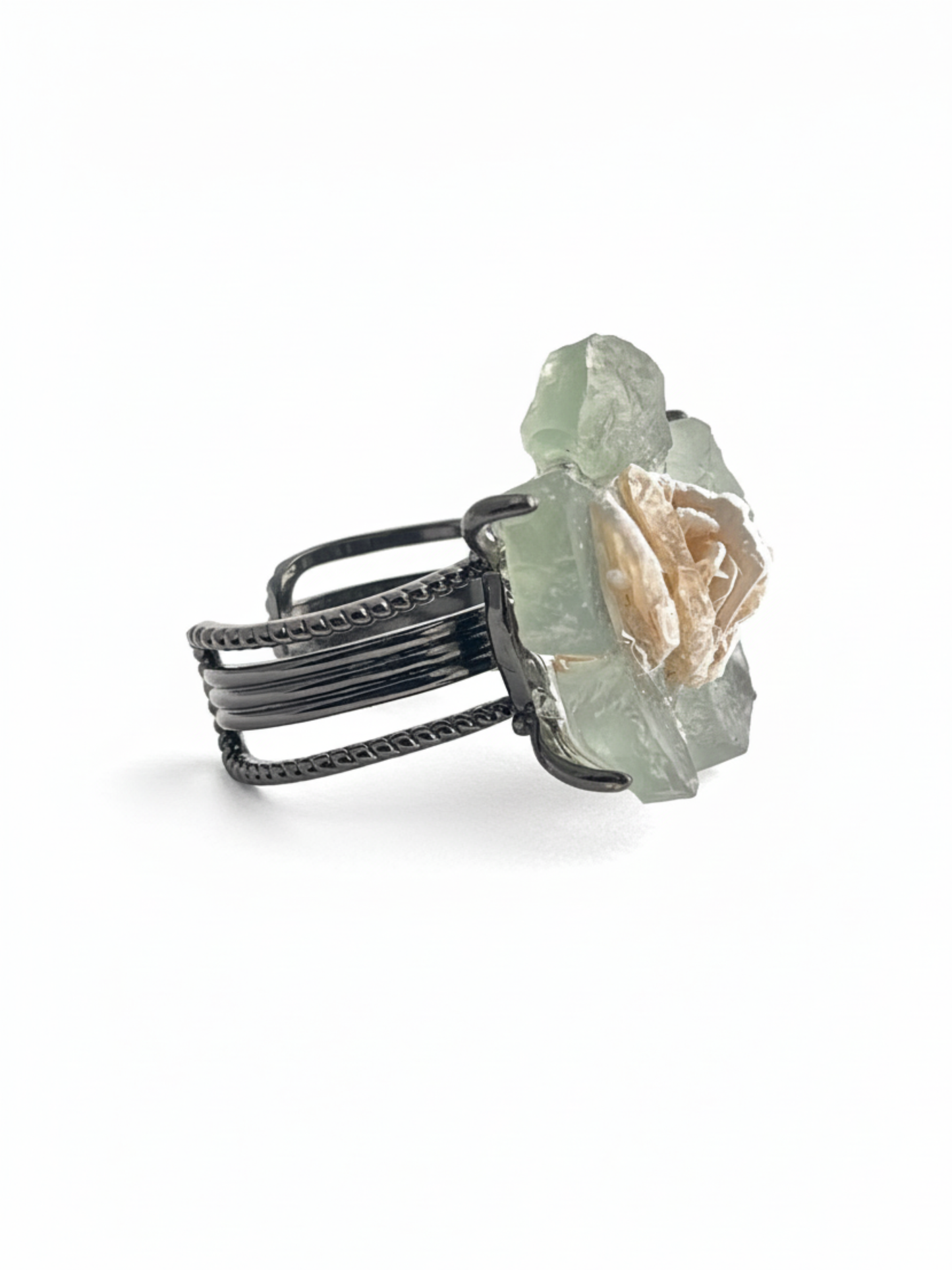 Green Fluorite Flower Ring with Desert Rose, side view