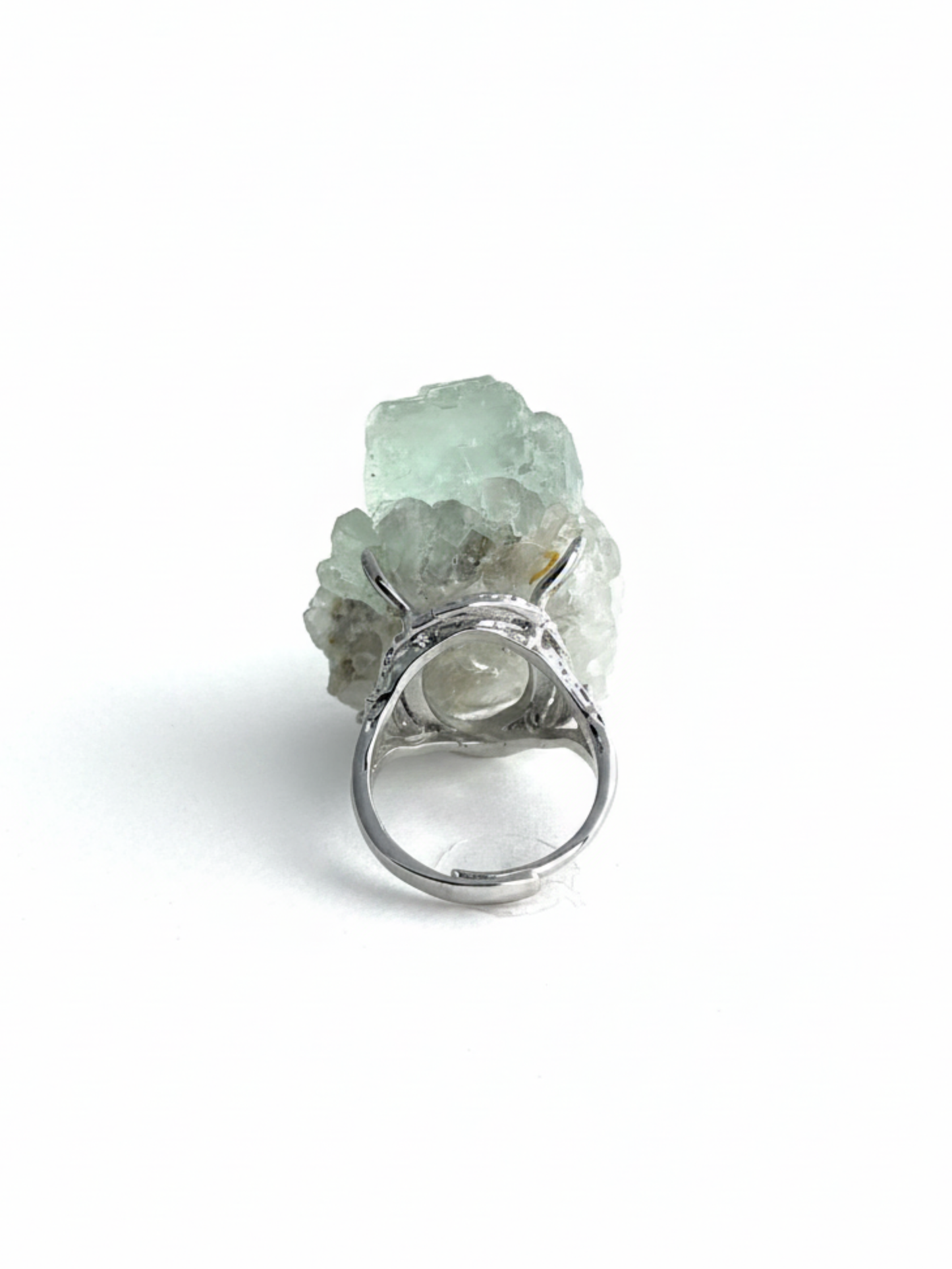 Back view of Green Fluorite with Quartz cluster ring and adjustable band