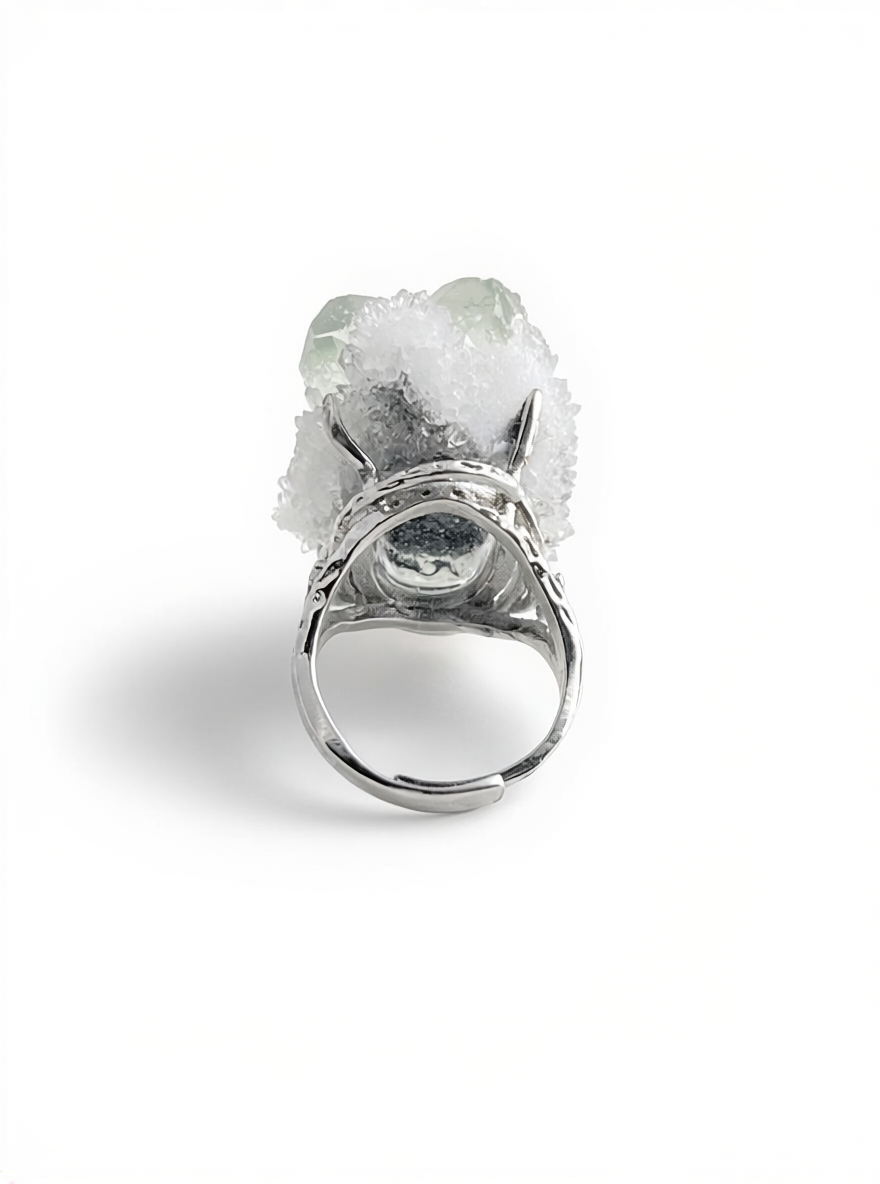 Green fluorite with quartz mineral specimen ring back view