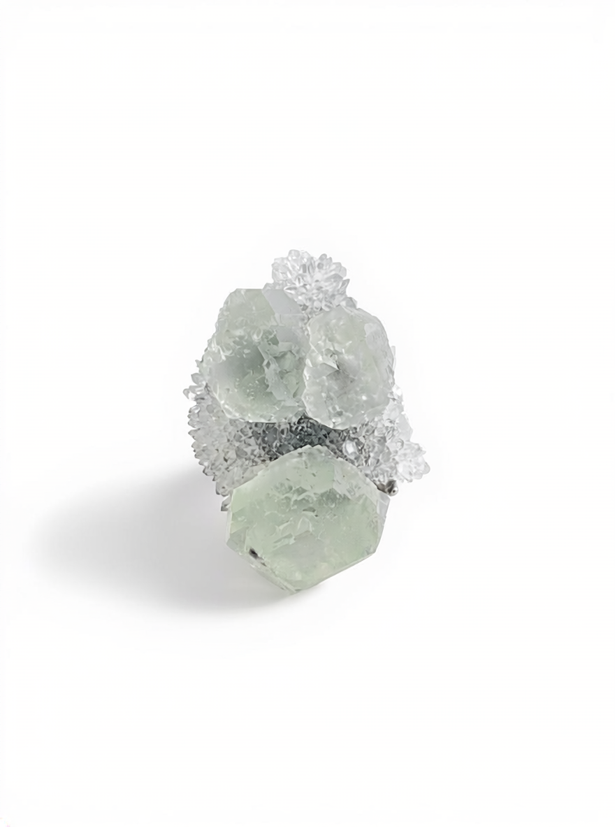 Green fluorite with quartz mineral specimen ring front view