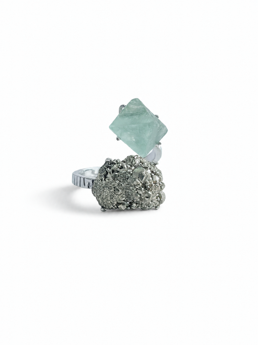 Green Octahedral Fluorite and Chalcopyrite ring front view