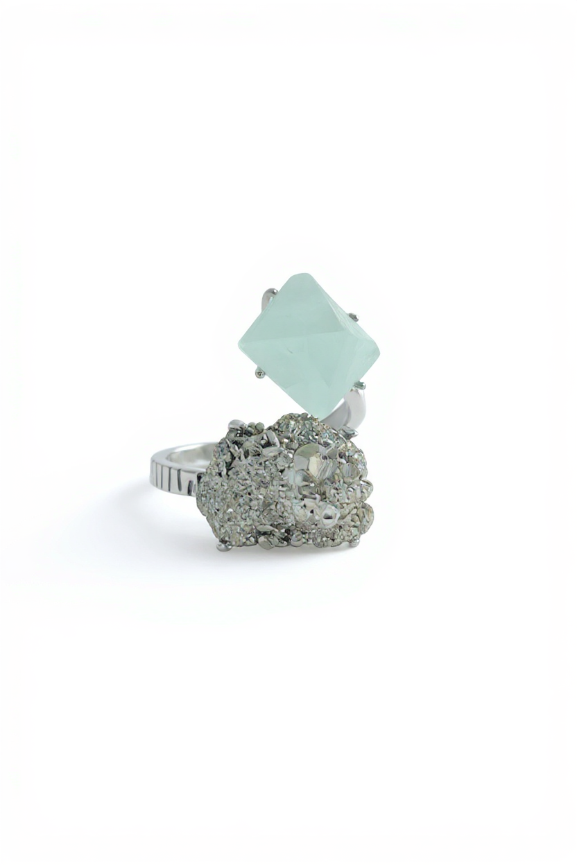 Green Octahedral Fluorite and Chalcopyrite ring front view