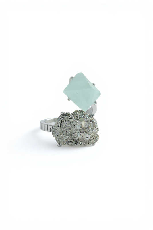 Green Octahedral Fluorite and Chalcopyrite ring front view