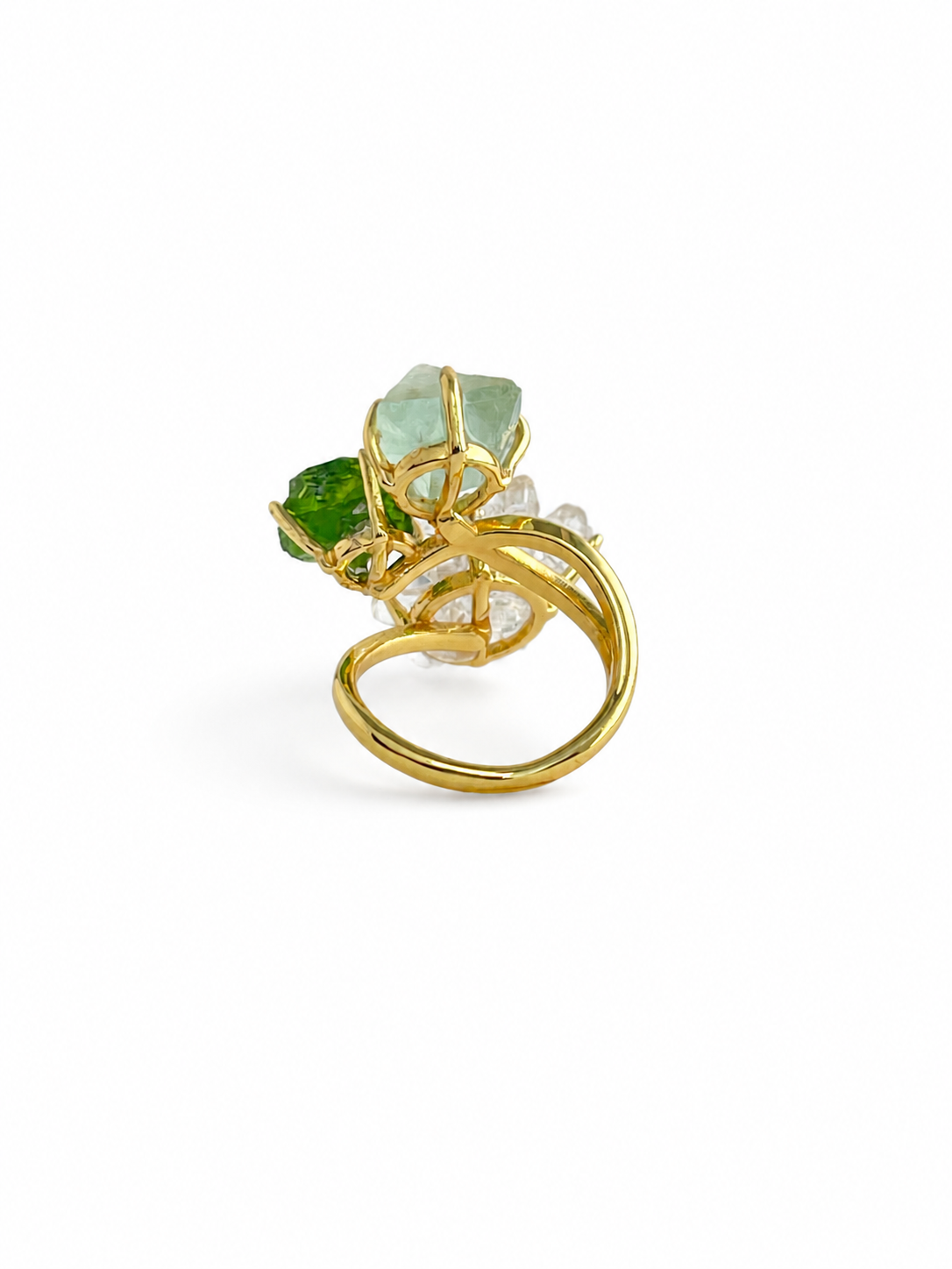 Back view of green octahedral fluorite, chrome diopside and Herkimer Diamond Quartz flower ring