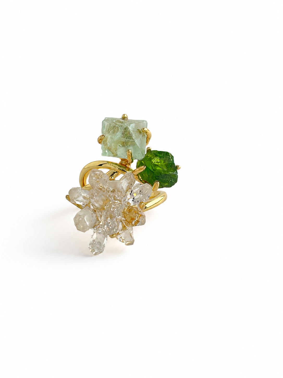 Green octahedral fluorite, chrome diopside and Herkimer Diamond Quartz flower ring front view