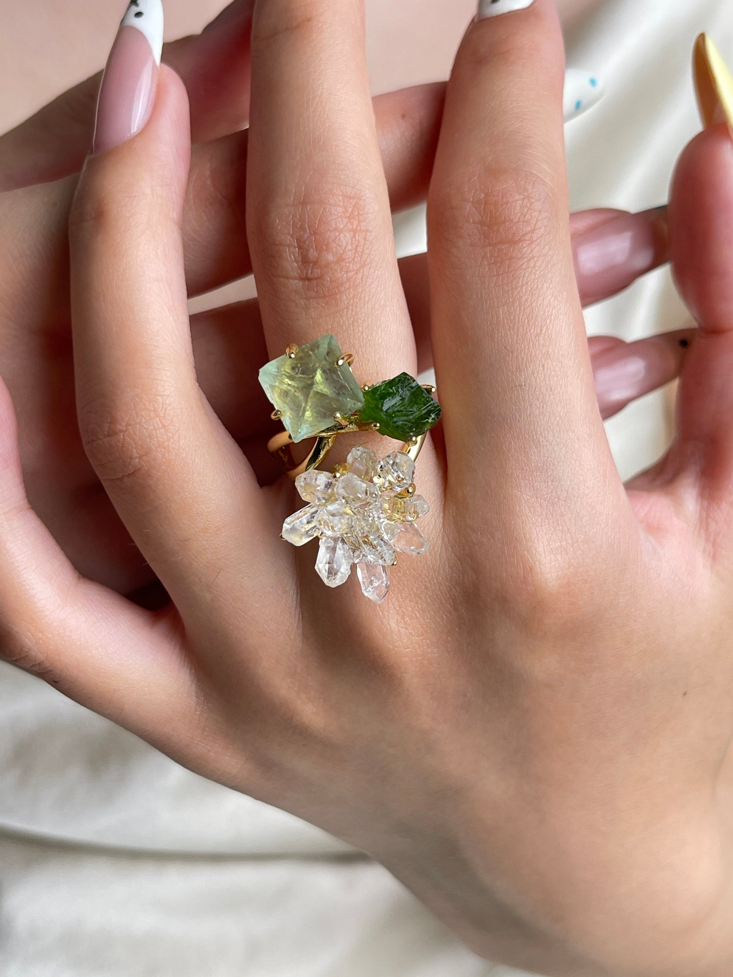 Green octahedral fluorite, chrome diopside and Herkimer Diamond Quartz crystal garden ring worn on hand