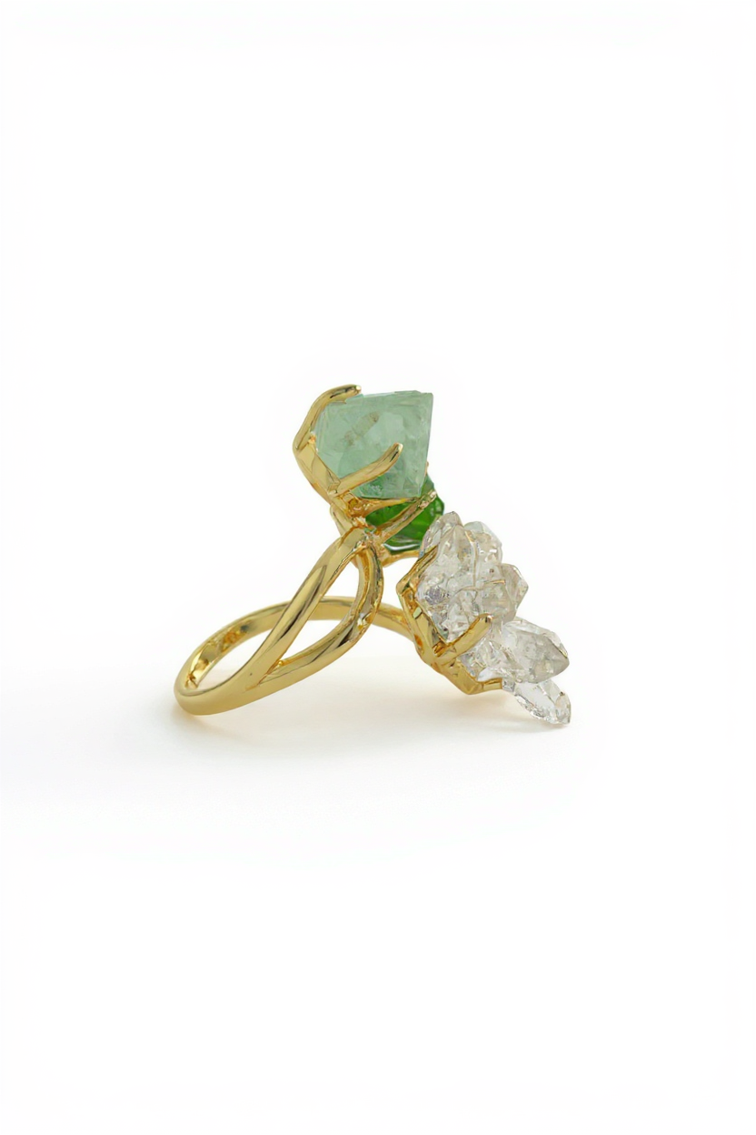 Side view of green octahedral fluorite ring with chrome diopside and Herkimer Diamond Quartz flower