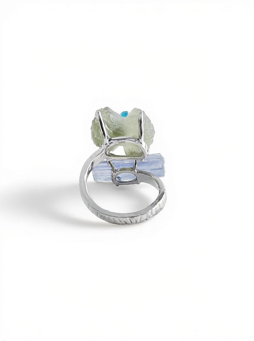 Back view of Green Prehnite Blue Apatite and Kyanite bow ring