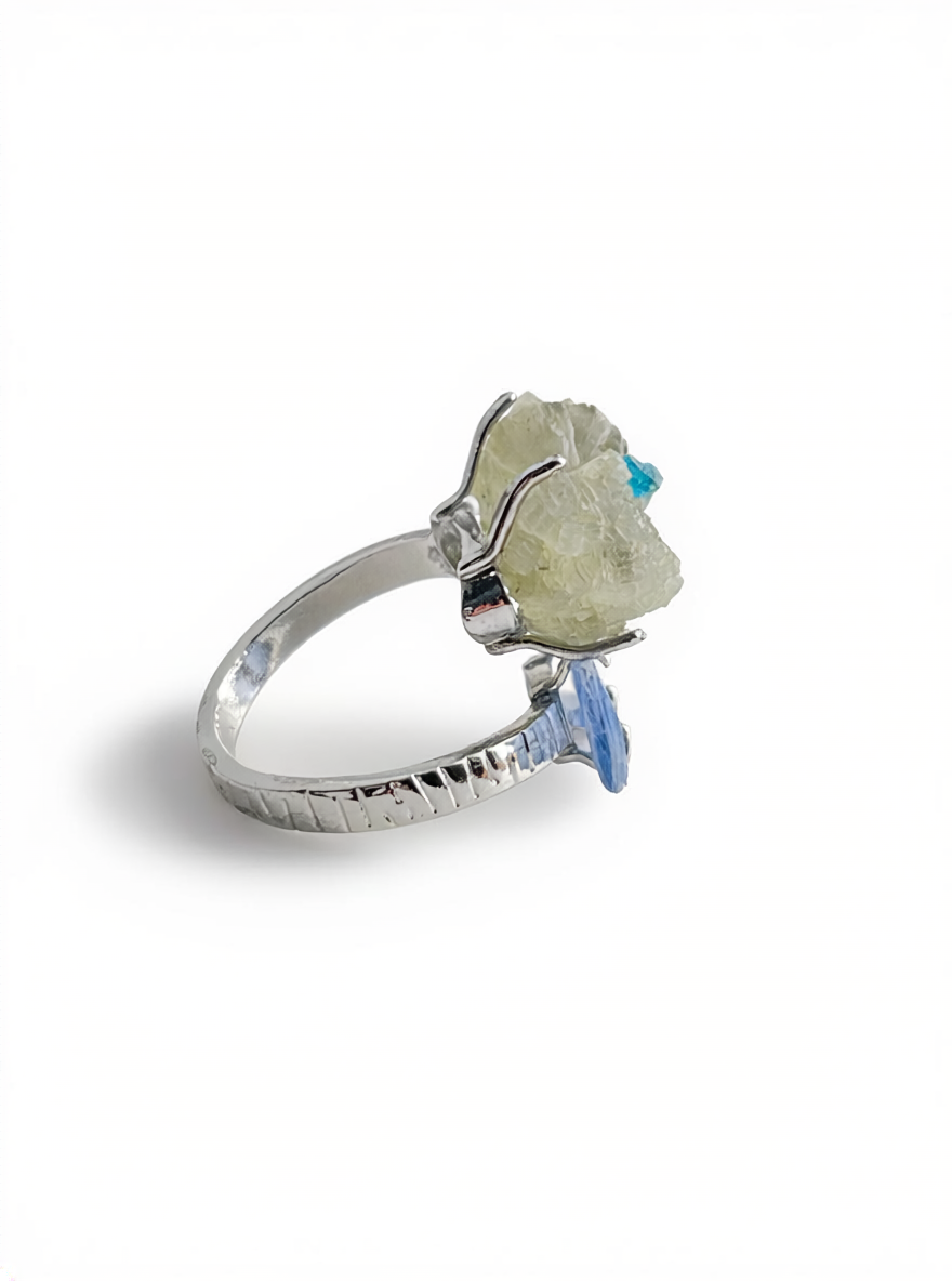 Side view of Green Prehnite Blue Apatite and Kyanite bow ring