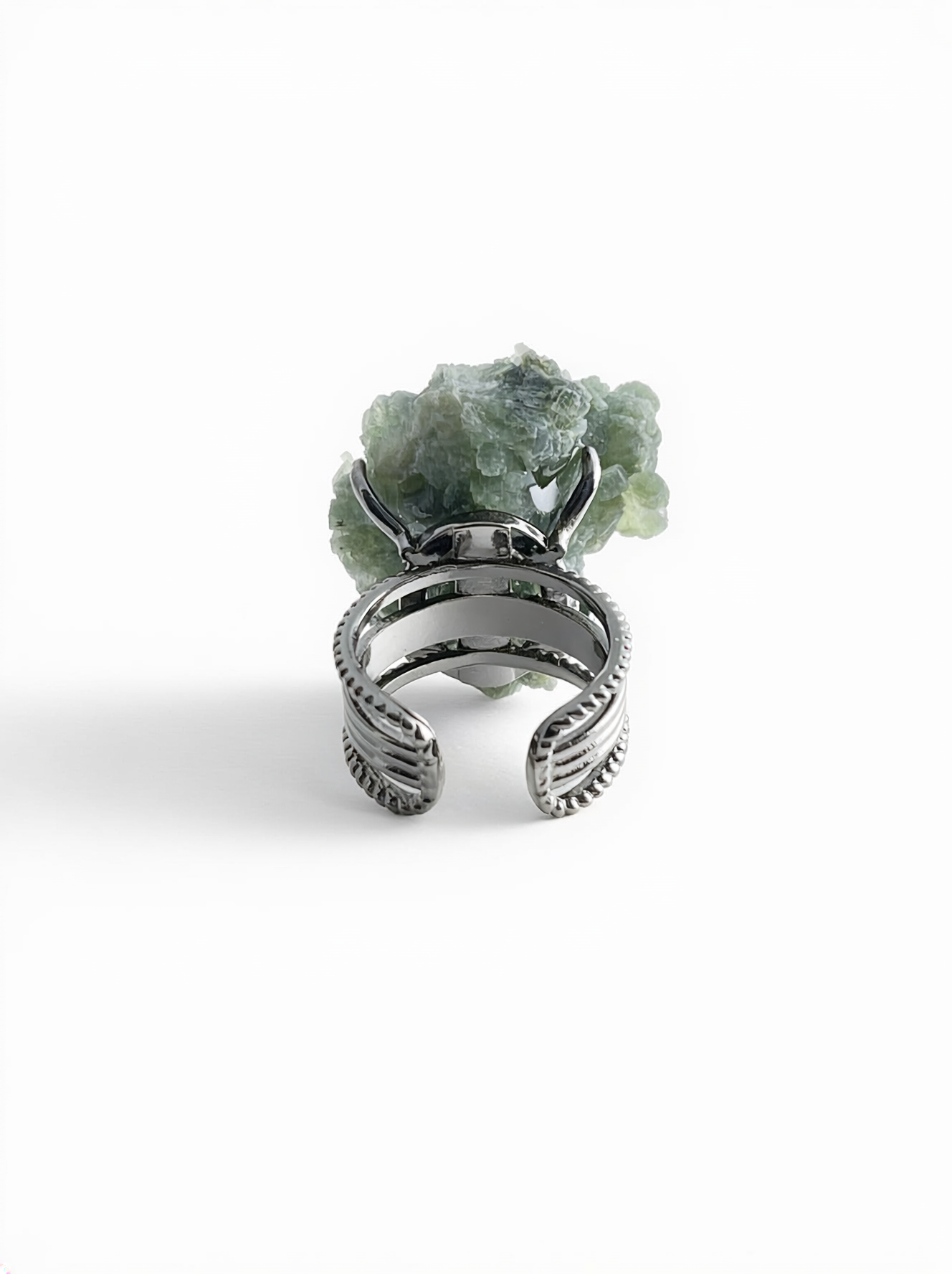 Back view of Green Prehnite mineral specimen ring with raw crystal setting