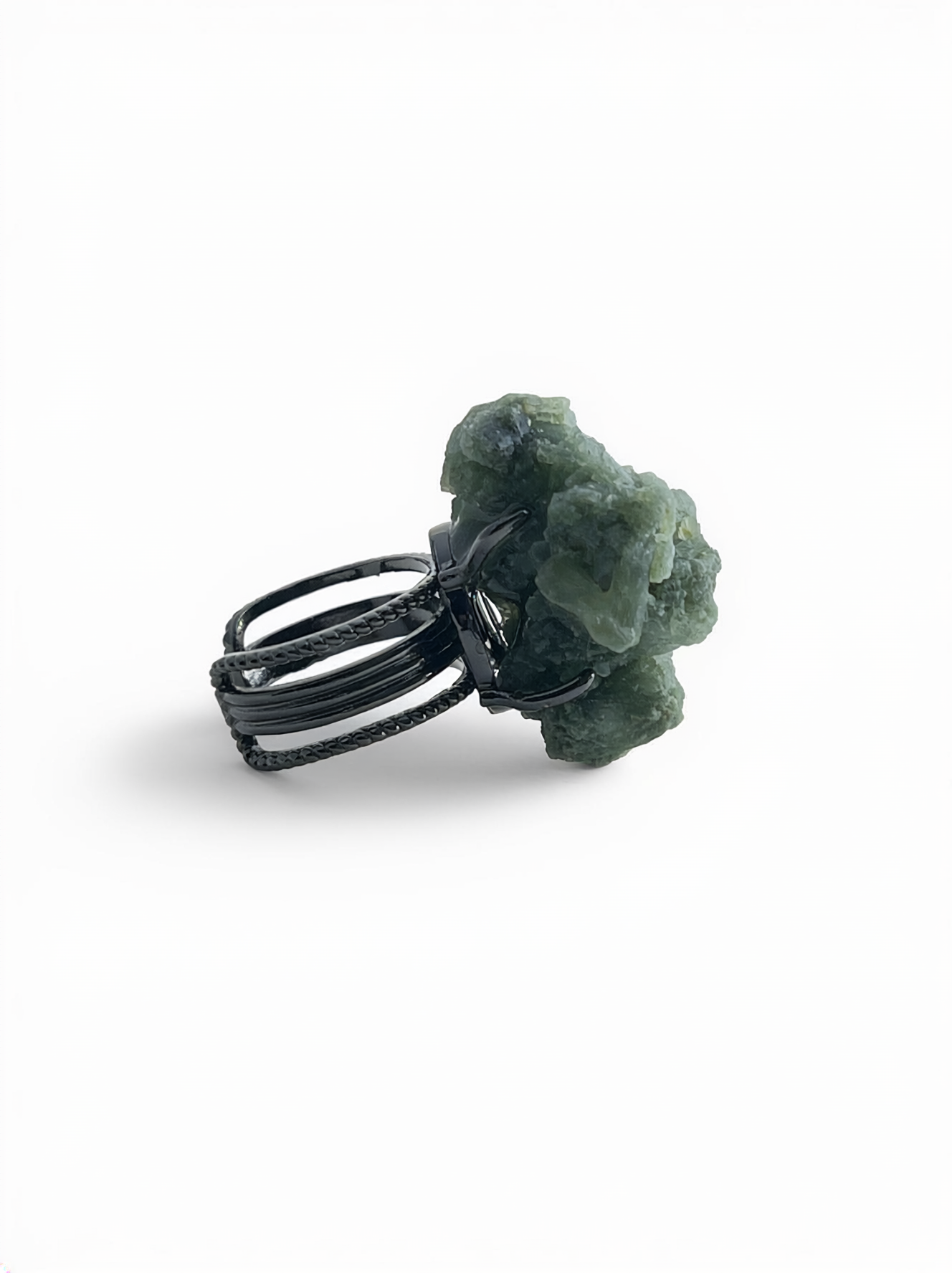 Side view of Green Prehnite mineral specimen ring on adjustable band