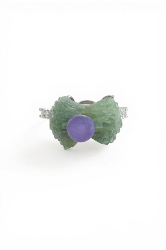 Green prehnite and purple grape agate bow ring front view