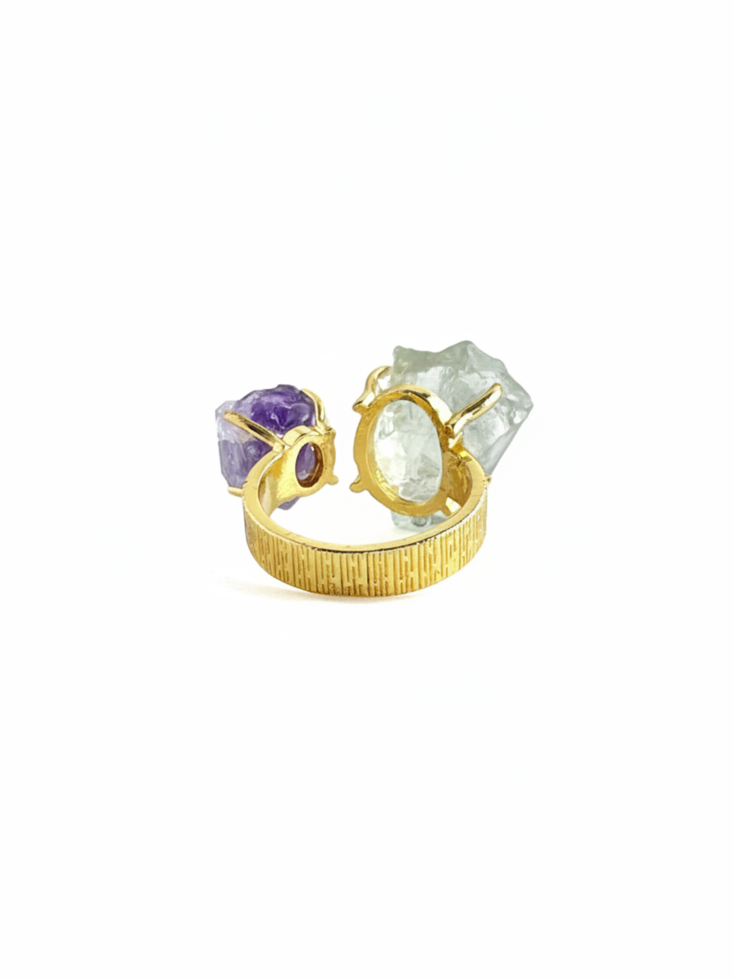 Back view of Raw Green Quartz and Amethyst crystal ring
