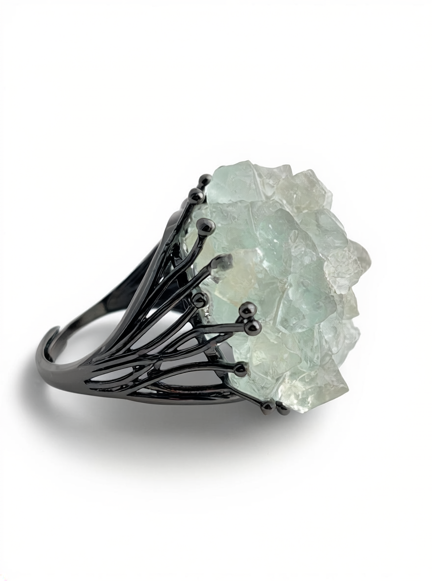 side view green quartz crystal cluster ring