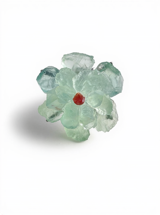 Green quartz flower ring with garnet center front view in gold finish
