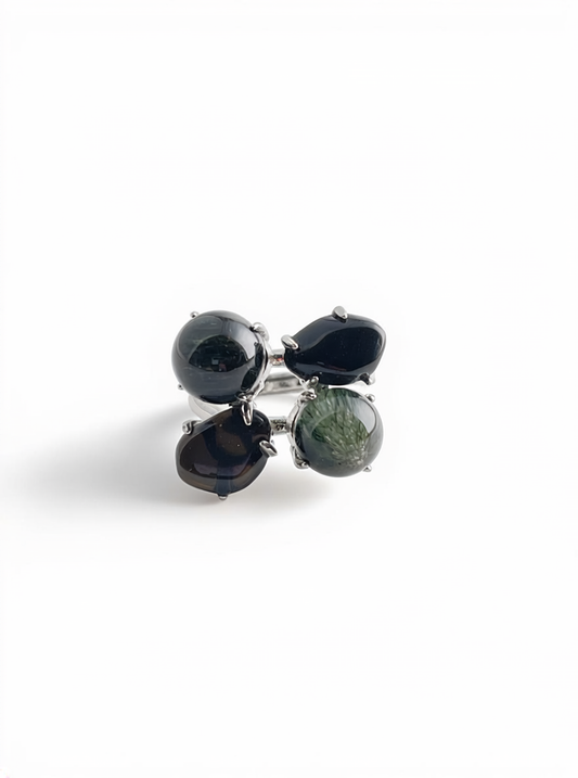 Green Rutilated Quartz and Smoky Quartz ring front view