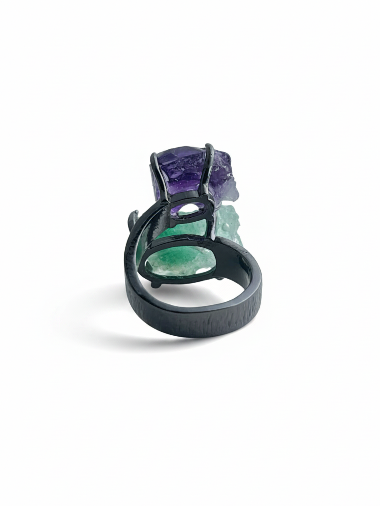 Back view of adjustable Green Strawberry Quartz and Amethyst ring