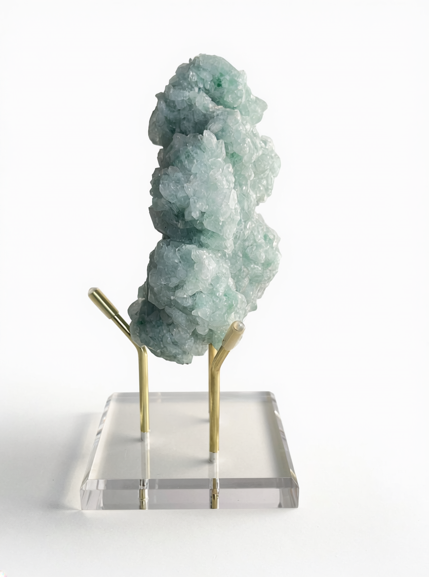 side view of green strawberry quartz cluster showing crystal growth and texture