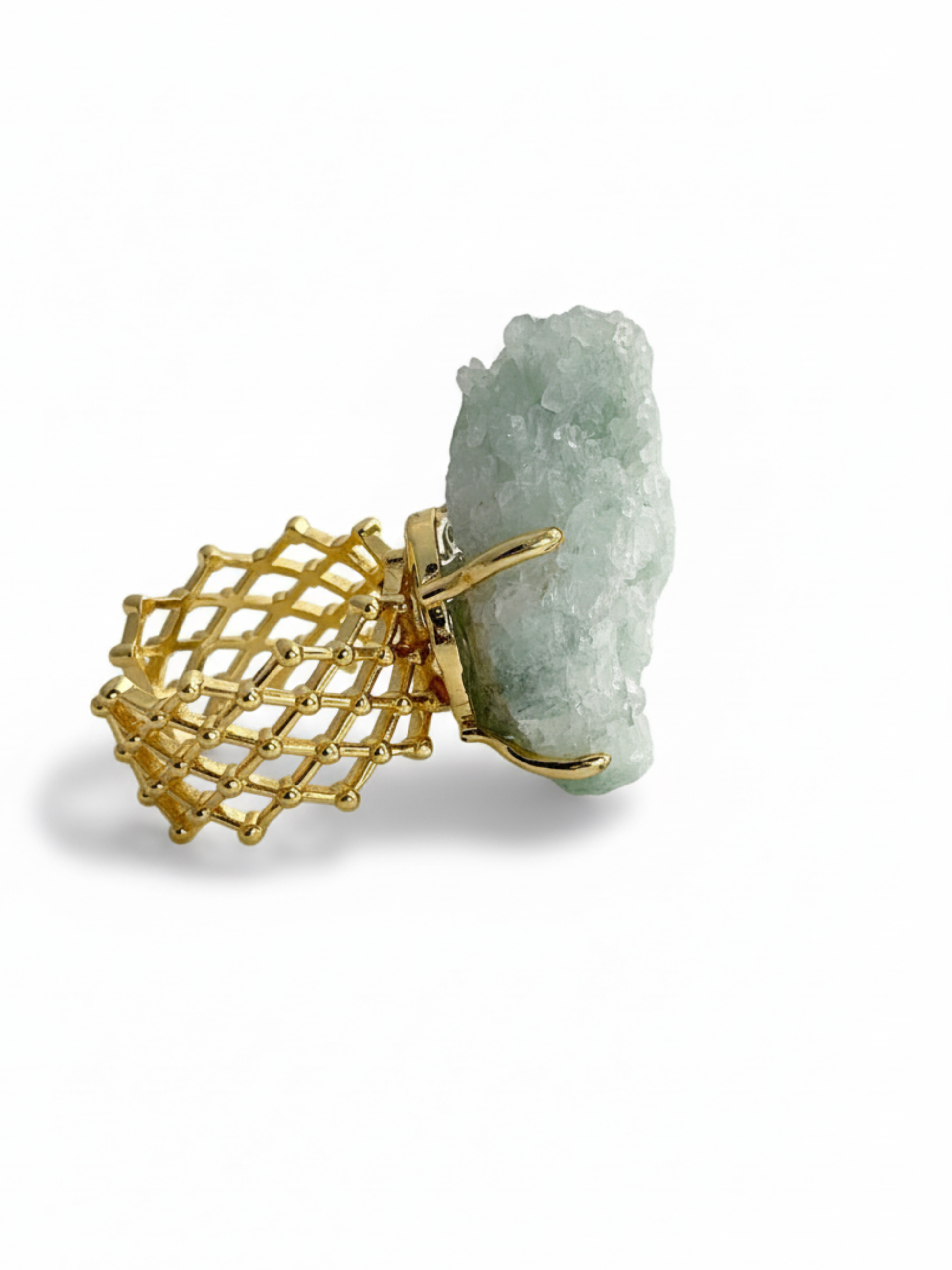 Side view of green strawberry quartz ring