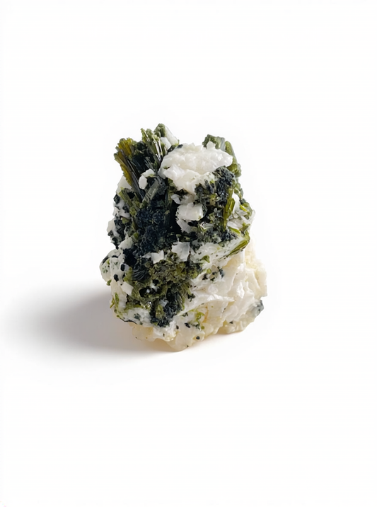Green tourmaline with feldspar mineral specimen front view